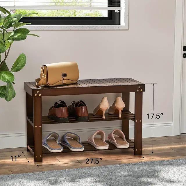 Alt view image 3 of 7 - Pipishell Bamboo Shoe Rack Bench, 3 Tier Sturdy Shoe Bench, Storage Shoe Organizer, Holds up to 300lbs for Entryway Bedroom Living Room Balcony, Brown