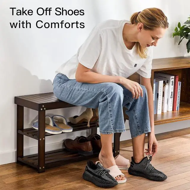 Alt view image 4 of 7 - Pipishell Bamboo Shoe Rack Bench, 3 Tier Sturdy Shoe Bench, Storage Shoe Organizer, Holds up to 300lbs for Entryway Bedroom Living Room Balcony, Brown