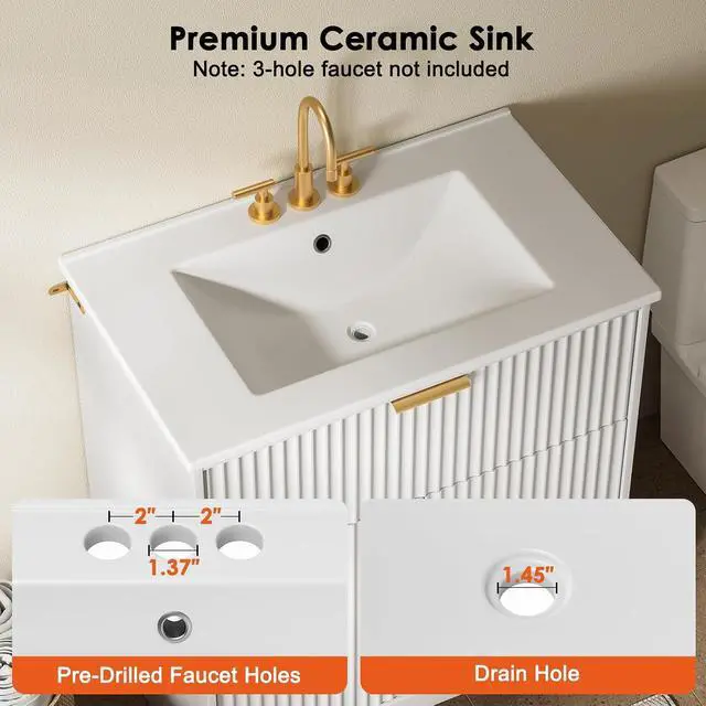 Alt view image 6 of 7 - Amada 30'' Bathroom Vanity with Ceramic Sink, Modern Undermount Vanity Sink Cabinet with 2 Doors and 1 Drawer, Fluted Free Standing Bathroom Storage Cabinet with Sink Combo Set, White