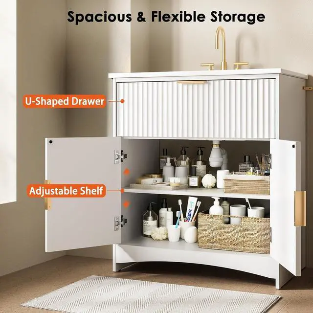 Alt view image 5 of 7 - Amada 30'' Bathroom Vanity with Ceramic Sink, Modern Undermount Vanity Sink Cabinet with 2 Doors and 1 Drawer, Fluted Free Standing Bathroom Storage Cabinet with Sink Combo Set, White