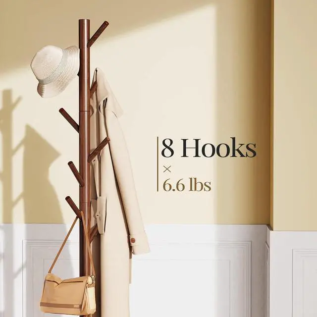 Alt view image 2 of 7 - Pipishell Solid Wooden Coat Rack Freestanding, Hall Tree with 8 Hooks, 3 Height Options for Coats, Hats, Handbags, and Scarves, Tool-Free Assembly, Space Saving Design for Entryway, Office, Bedroom