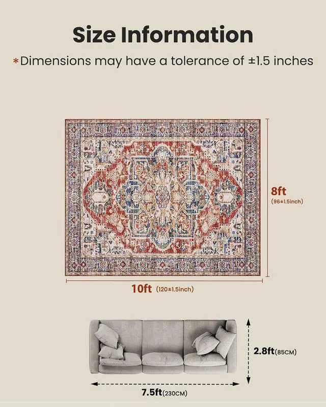 Alt view image 2 of 7 - AMADA HOMEFURNISHING 8x10 Washable Area Rug, Low-Profile Large Area Rug with Non-Slip Backing & Durable Edge Binding, Vintage Large Rugs for Living Room, Bedroom, Dinning Room