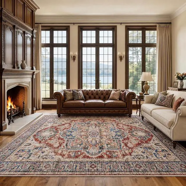 Alt view image 3 of 7 - AMADA HOMEFURNISHING 9x12 Washable Area Rug, Low-Profile Large Area Rug with Non-Slip Backing & Durable Edge Binding, Vintage Large Rugs for Living Room, Bedroom & Dinning Room