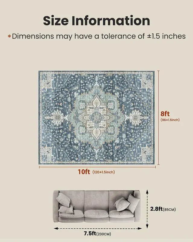 Alt view image 2 of 7 - AMADA HOMEFURNISHING Washable Area Rug, Low-Profile Large Area Rug with Non-Slip Backing & Durable Edge Binding, Vintage Large Rugs for Living Room, Bedroom, Dinning Room (8x10, Blue/Yellow)