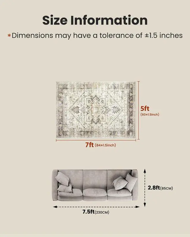 Alt view image 2 of 7 - AMADA HOMEFURNISHING 5x7 Washable Area Rug, Low-Profile Living Room Rug with Non-Slip Backing & Durable Edge Binding, Large Area Rug, Vintage Rugs for Living Room, Bedroom, Dinning Room