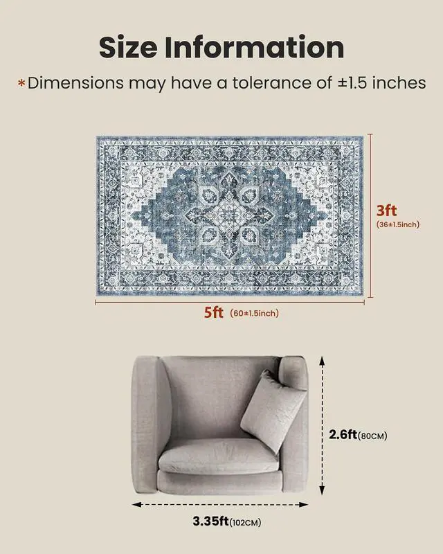 Alt view image 2 of 7 - AMADA HOMEFURNISHING 3x5 Washable Area Rug, Low-Profile Entryway Rug with Non-Slip Backing & Durable Edge Binding, Vintage Rugs for Bedroom, Entryway & Kitchen