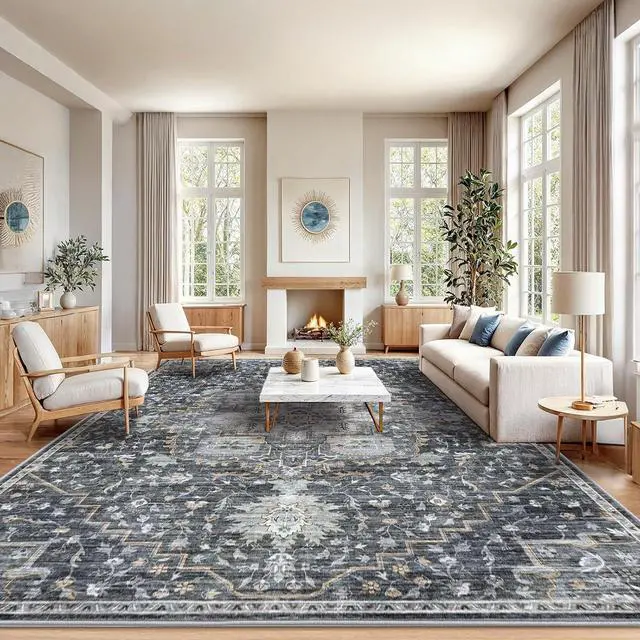 Main image of AMADA HOMEFURNISHING 10x14 Washable Area Rug, Low-Profile Large Area Rug with Non-Slip Backing & Durable Edge Binding, Vintage Large Rugs for Living Room, Bedroom & Dining Room