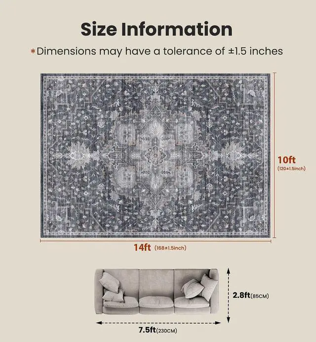 Alt view image 2 of 7 - AMADA HOMEFURNISHING 10x14 Washable Area Rug, Low-Profile Large Area Rug with Non-Slip Backing & Durable Edge Binding, Vintage Large Rugs for Living Room, Bedroom & Dining Room