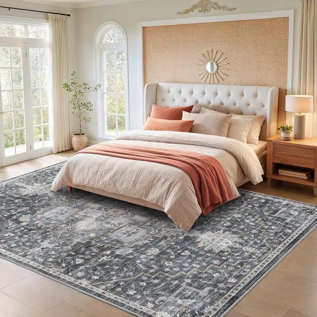 Alt view image 3 of 7 - AMADA HOMEFURNISHING 9x12 Washable Area Rug, Low-Profile Large Area Rug with Non-Slip Backing & Durable Edge Binding, Vintage Large Rugs for Living Room, Bedroom & Dining Room