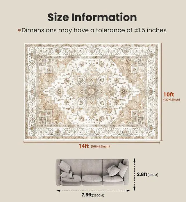 Alt view image 2 of 7 - AMADA HOMEFURNISHING 10x14 Washable Area Rug, Low-Profile Large Area Rug with Non-Slip Backing & Durable Edge Binding, Vintage Large Rugs for Living Room, Bedroom & Dinning Room