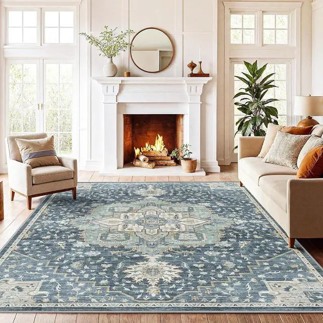 Main image of AMADA HOMEFURNISHING Washable Area Rugs, Low-Profile Washable Rug with Non-Slip Backing & Durable Edge Binding, Vintage Rugs for Living Room, Bedroom, Dinning Room (6x9, Blue/Yellow)