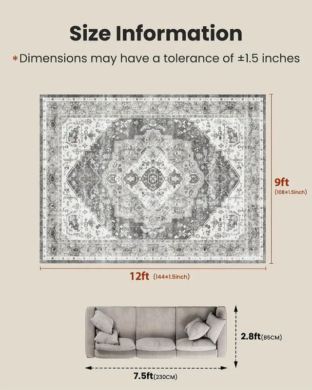 Alt view image 2 of 7 - AMADA HOMEFURNISHING 9x12 Area Rug, Washable Low-Profile Large Area Rug with Non-Slip Backing & Durable Edge Binding, Vintage Large Rugs for Living Room, Bedroom