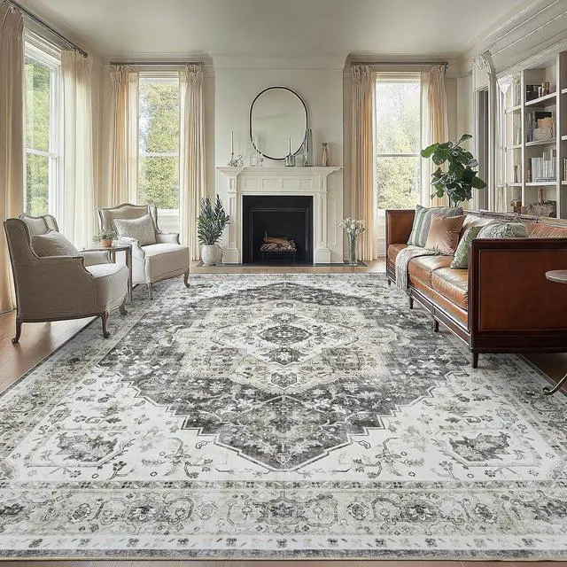 Main image of AMADA HOMEFURNISHING 9x12 Area Rug, Washable Low-Profile Large Area Rug with Non-Slip Backing & Durable Edge Binding, Vintage Large Rugs for Living Room, Bedroom