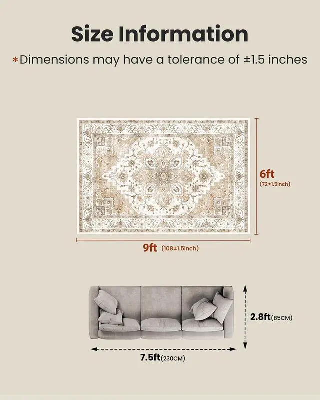 Alt view image 2 of 7 - AMADA HOMEFURNISHING 6x9 Area Rugs, Beige Washable Rug Low-Profile with Non-Slip Backing & Durable Edge Binding, Vintage Rugs for Living Room, Bedroom, Dinning Room