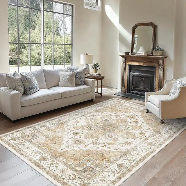 Main image of AMADA HOMEFURNISHING 6x9 Area Rugs, Beige Washable Rug Low-Profile with Non-Slip Backing & Durable Edge Binding, Vintage Rugs for Living Room, Bedroom, Dinning Room