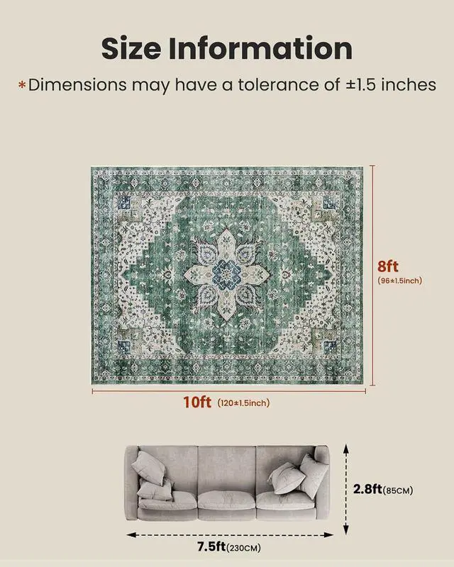 Alt view image 2 of 7 - AMADA HOMEFURNISHING 8x10 Area Rug, Washable Low-Profile Large Area Rug with Non-Slip Backing & Durable Edge Binding, Vintage Large Rugs for Living Room, Bedroom