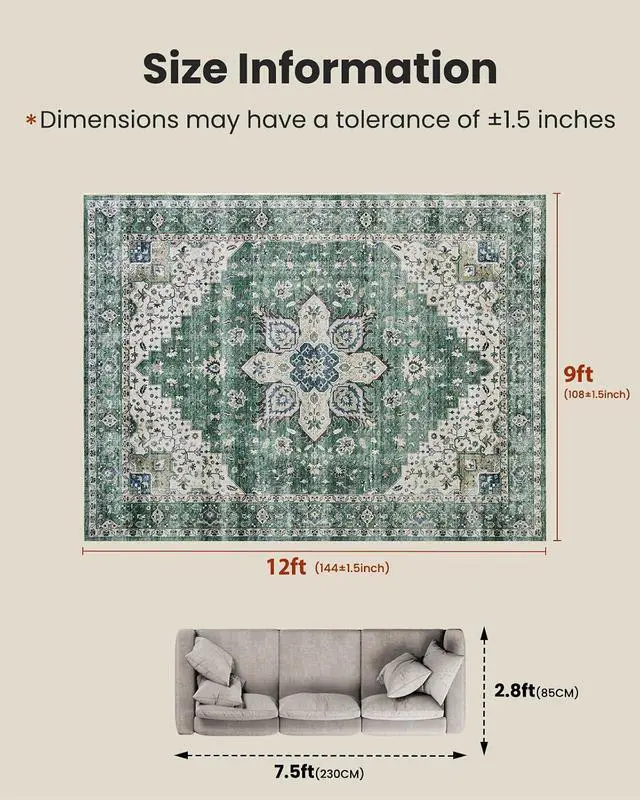 Alt view image 2 of 7 - AMADA HOMEFURNISHING 9x12 Area Rug, Washable Low-Profile Large Area Rug with Non-Slip Backing & Durable Edge Binding, Vintage Large Rugs for Living Room, Bedroom
