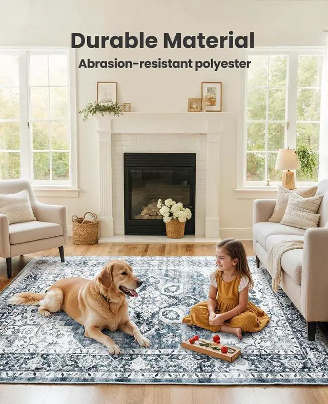 Alt view image 3 of 7 - AMADA HOMEFURNISHING 6x9 Area Rugs, Blue Low-Profile Washable Rug with Non-Slip Backing & Durable Edge Binding, Vintage Rugs for Living Room, Bedroom, Dinning Room