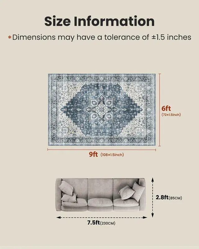 Alt view image 2 of 7 - AMADA HOMEFURNISHING 6x9 Area Rugs, Blue Low-Profile Washable Rug with Non-Slip Backing & Durable Edge Binding, Vintage Rugs for Living Room, Bedroom, Dinning Room