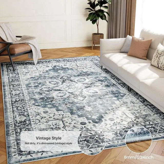 Alt view image 6 of 7 - AMADA HOMEFURNISHING 6x9 Area Rugs, Blue Low-Profile Washable Rug with Non-Slip Backing & Durable Edge Binding, Vintage Rugs for Living Room, Bedroom, Dinning Room