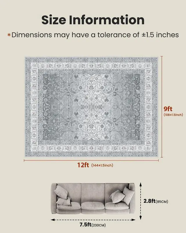 Alt view image 2 of 7 - AMADA HOMEFURNISHING 9x12 Area Rugs, Washable Living Room Rug with Non-Slip Backing, Low Pile and Durable Edge Binding, Soft Vintage Floral Rugs for Living Room, Bedroom, Dining Room