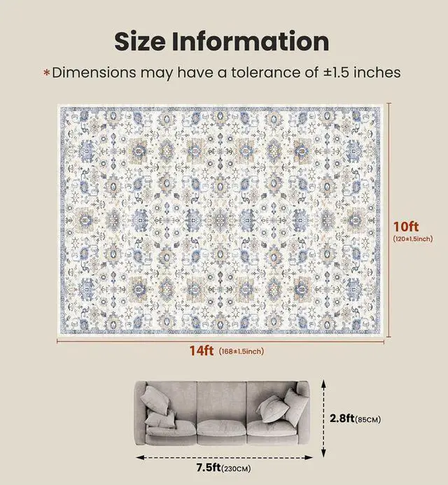 Alt view image 2 of 7 - AMADA HOMEFURNISHING 10x14 Washable Area Rug, Low-Profile Large Area Rug with Non-Slip Backing & Durable Edge Binding, Vintage Large Rugs for Living Room, Bedroom & Dining Room