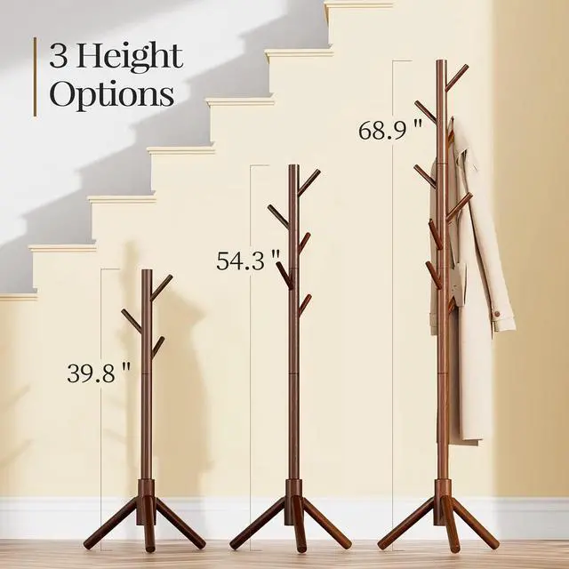 Alt view image 3 of 7 - Pipishell Solid Wooden Coat Rack Freestanding, Hall Tree with 8 Hooks, 3 Height Options for Coats, Hats, Handbags, and Scarves, Tool-Free Assembly, Space Saving Design for Entryway, Office, Bedroom