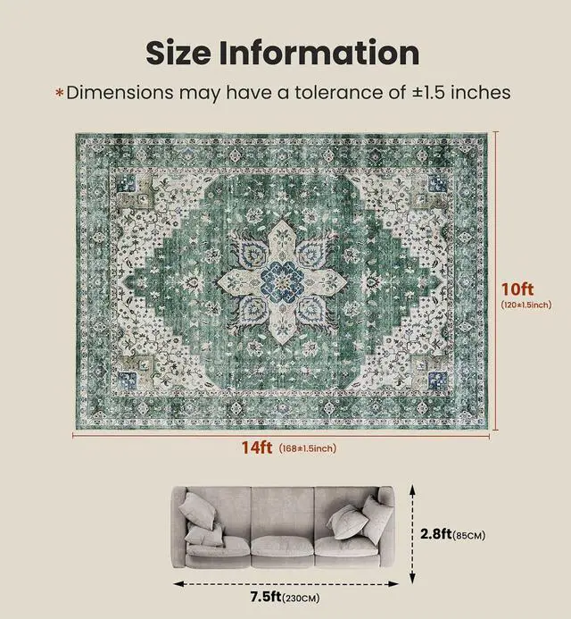 Alt view image 2 of 7 - AMADA HOMEFURNISHING 10x14 Washable Area Rug, Low-Profile Large Area Rug with Non-Slip Backing & Durable Edge Binding, Vintage Large Rugs for Living Room, Bedroom & Dining Room