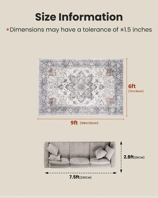 Alt view image 2 of 7 - AMADA HOMEFURNISHING 6x9 Area Rugs, Blue Low-Profile Washable Rug with Non-Slip Backing & Durable Edge Binding, Vintage Rugs for Living Room, Bedroom, Dinning Room