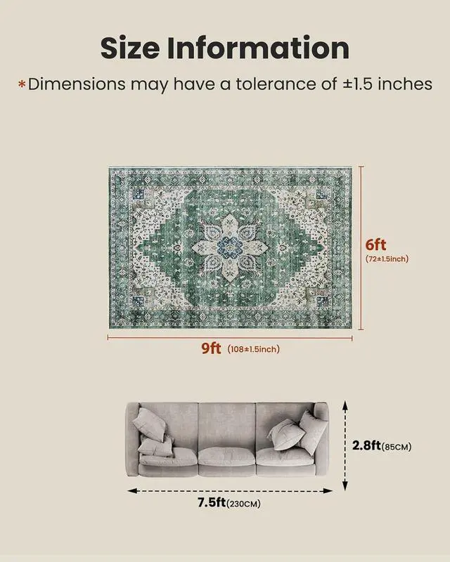 Alt view image 2 of 7 - AMADA HOMEFURNISHING 6x9 Area Rug, Washable Low-Profile Large Area Rug with Non-Slip Backing & Durable Edge Binding, Vintage Large Rugs for Living Room, Bedroom