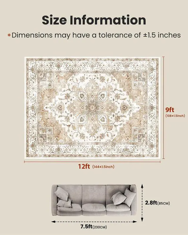 Alt view image 2 of 7 - AMADA HOMEFURNISHING 9x12 Area Rugs, Low-Profile Large Washable Area Rug with Non-Slip Backing & Durable Edge Binding, Vintage Rugs for Living Room, Bedroom & Dinning Room