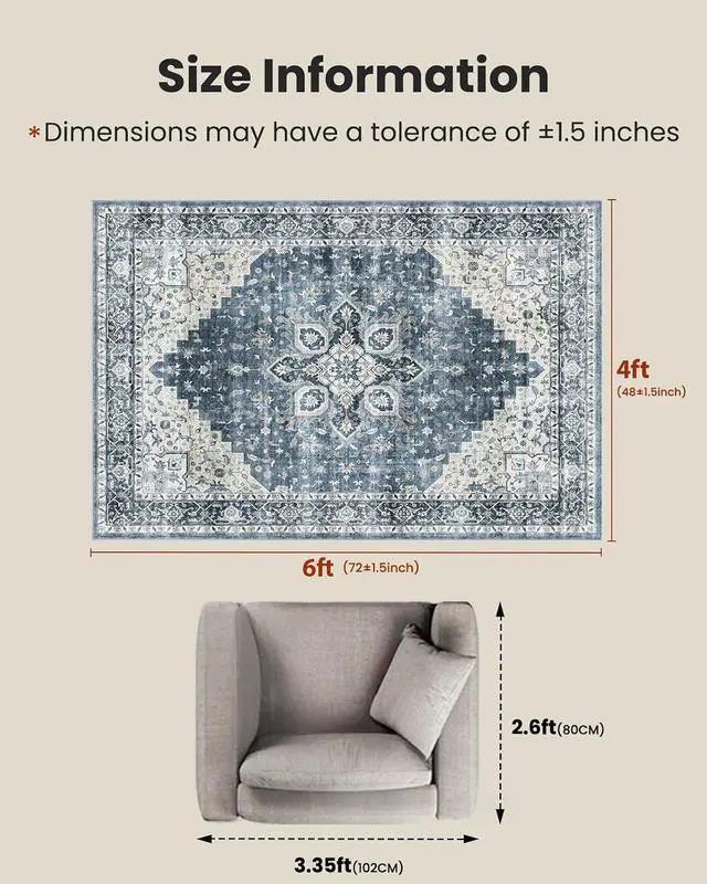 Alt view image 2 of 7 - AMADA HOMEFURNISHING 4x6 Washable Area Rug, Low-Profile Entryway Rug with Non-Slip Backing & Durable Edge Binding, Vintage Rugs for Bedroom, Entryway & Kitchen