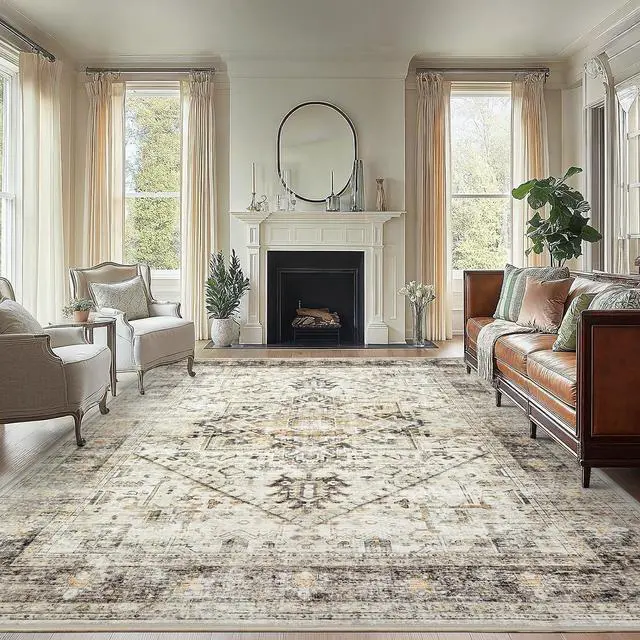 Main image of AMADA HOMEFURNISHING Washable Area Rug, Low-Profile Large Area Rug with Non-Slip Backing & Durable Edge Binding, Vintage Large Rugs for Living Room, Bedroom, Dinning Room, 8x10, Grey/Beige