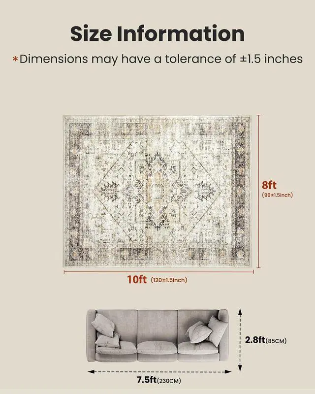 Alt view image 2 of 7 - AMADA HOMEFURNISHING Washable Area Rug, Low-Profile Large Area Rug with Non-Slip Backing & Durable Edge Binding, Vintage Large Rugs for Living Room, Bedroom, Dinning Room, 8x10, Grey/Beige
