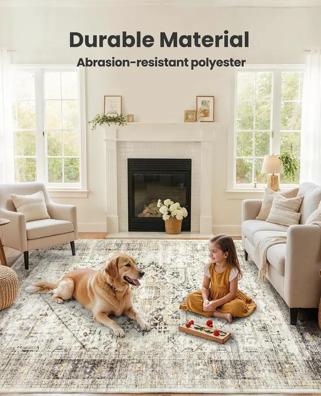 Alt view image 3 of 7 - AMADA HOMEFURNISHING Washable Area Rug, Low-Profile Large Area Rug with Non-Slip Backing & Durable Edge Binding, Vintage Large Rugs for Living Room, Bedroom, Dinning Room, 8x10, Grey/Beige