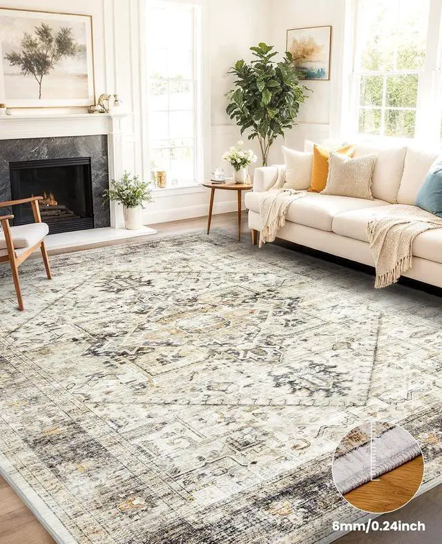 Alt view image 4 of 7 - AMADA HOMEFURNISHING Washable Area Rug, Low-Profile Large Area Rug with Non-Slip Backing & Durable Edge Binding, Vintage Large Rugs for Living Room, Bedroom, Dinning Room, 8x10, Grey/Beige