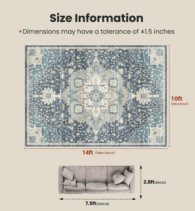 Alt view image 2 of 7 - AMADA HOMEFURNISHING 10x14 Washable Area Rug, Low-Profile Large Area Rug with Non-Slip Backing & Durable Edge Binding, Vintage Large Rugs for Living Room, Bedroom & Dining Room