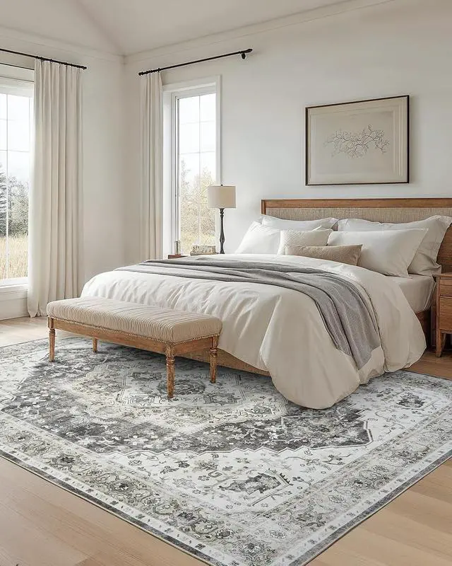 Alt view image 3 of 7 - AMADA HOMEFURNISHING Grey 8x10 Area Rug, Washable Low-Profile Large Area Rug with Non-Slip Backing & Durable Edge Binding, Vintage Large Rugs for Living Room, Bedroom
