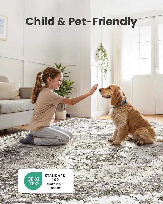 Alt view image 4 of 7 - AMADA HOMEFURNISHING Grey 8x10 Area Rug, Washable Low-Profile Large Area Rug with Non-Slip Backing & Durable Edge Binding, Vintage Large Rugs for Living Room, Bedroom