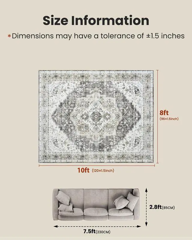Alt view image 2 of 7 - AMADA HOMEFURNISHING Grey 8x10 Area Rug, Washable Low-Profile Large Area Rug with Non-Slip Backing & Durable Edge Binding, Vintage Large Rugs for Living Room, Bedroom