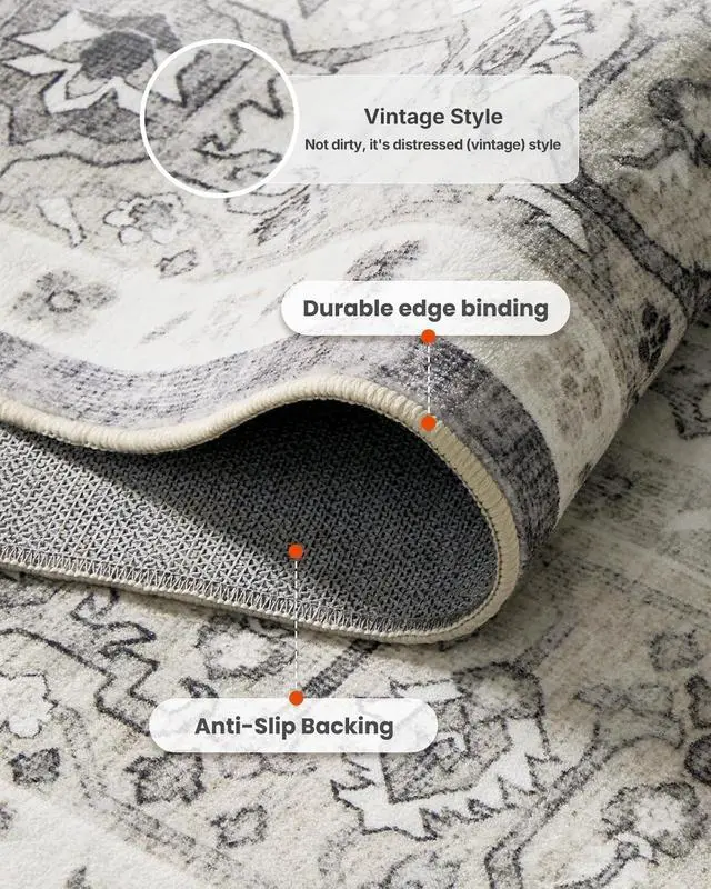 Alt view image 7 of 7 - AMADA HOMEFURNISHING Grey 8x10 Area Rug, Washable Low-Profile Large Area Rug with Non-Slip Backing & Durable Edge Binding, Vintage Large Rugs for Living Room, Bedroom