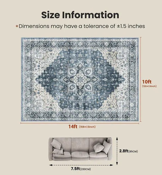 Alt view image 2 of 7 - AMADA HOMEFURNISHING 10x14 Washable Area Rug, Low-Profile Large Area Rug with Non-Slip Backing & Durable Edge Binding, Vintage Large Rugs for Living Room, Bedroom & Dinning Room