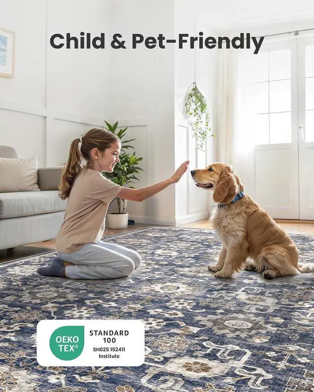 Alt view image 3 of 7 - AMADA HOMEFURNISHING 8x10 Washable Area Rug, Low-Profile Large Area Rug with Non-Slip Backing & Durable Edge Binding, Vintage Large Rugs for Living Room, Bedroom, Dinning Room