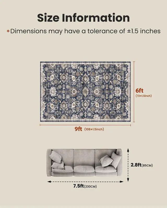 Alt view image 2 of 7 - AMADA HOMEFURNISHING 6x9 Area Rugs, Blue Low-Profile Washable Rug with Non-Slip Backing & Durable Edge Binding, Vintage Rugs for Living Room, Bedroom, Dining Room