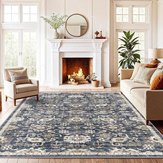 Main image of AMADA HOMEFURNISHING 6x9 Area Rugs, Blue Low-Profile Washable Rug with Non-Slip Backing & Durable Edge Binding, Vintage Rugs for Living Room, Bedroom, Dining Room