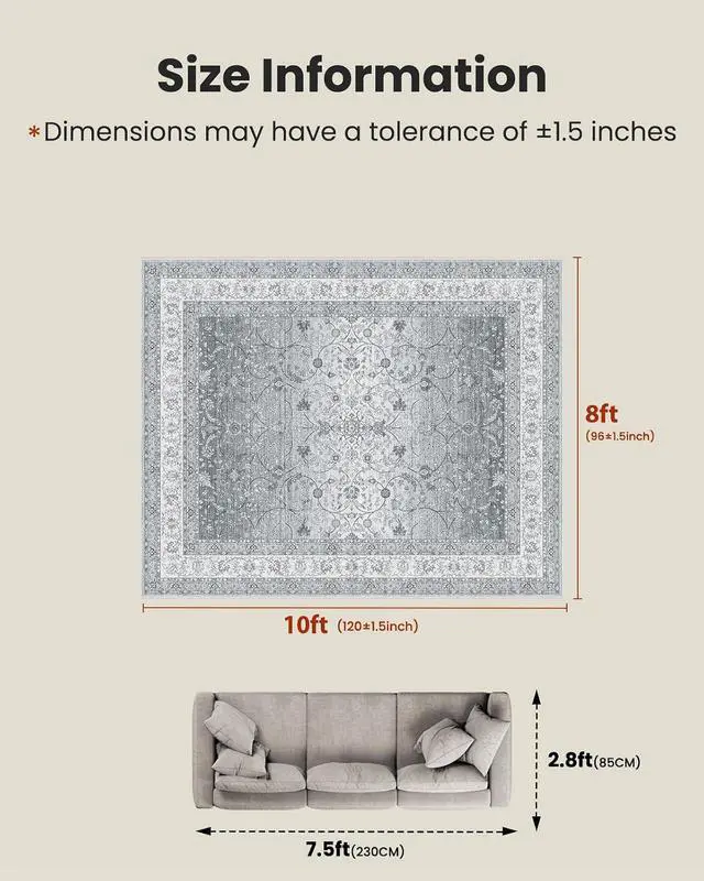 Alt view image 2 of 7 - AMADA HOMEFURNISHING 8x10 Area Rugs, Washable Living Room Rug with Non-Slip Backing, Low Pile and Durable Edge Binding, Soft Vintage Floral Rugs for Living Room, Bedroom, Dining Room