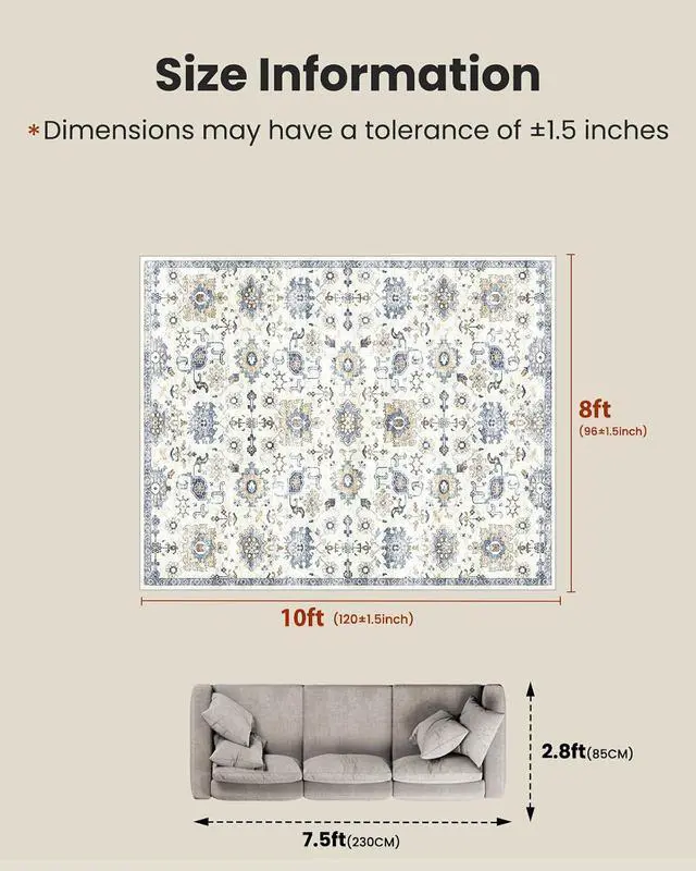 Alt view image 2 of 7 - AMADA HOMEFURNISHING Washable Area Rug, Low-Profile Large Area Rug with Non-Slip Backing & Durable Edge Binding, Vintage Large Rugs for Living Room, Bedroom, Dinning Room (8x10,Blue/White)