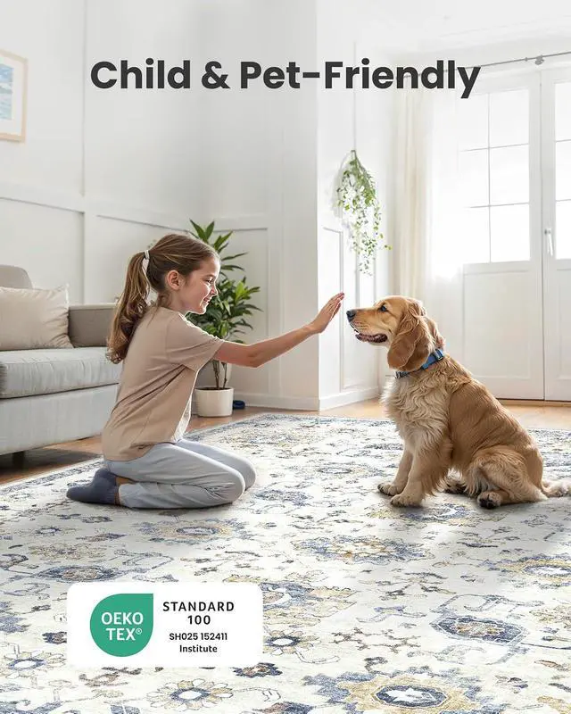 Alt view image 4 of 7 - AMADA HOMEFURNISHING 9x12 Washable Area Rug, Low-Profile Large Area Rug with Non-Slip Backing & Durable Edge Binding, Vintage Large Rugs for Living Room, Bedroom & Dining Room