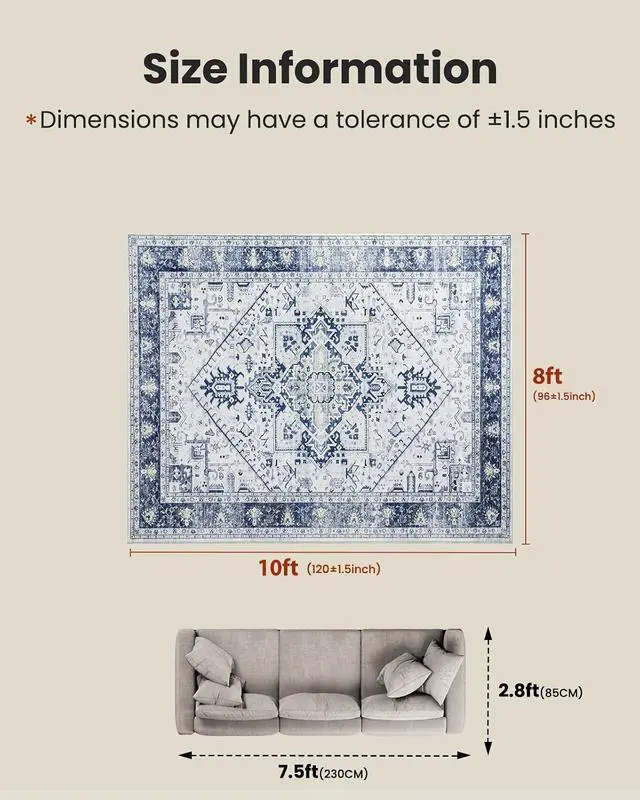 Alt view image 2 of 7 - AMADA HOMEFURNISHING Washable Area Rug, Low-Profile Large Area Rug with Non-Slip Backing & Durable Edge Binding, Vintage Large Rugs for Living Room, Bedroom, Dinning Room, 8x10, Navy Blue/White