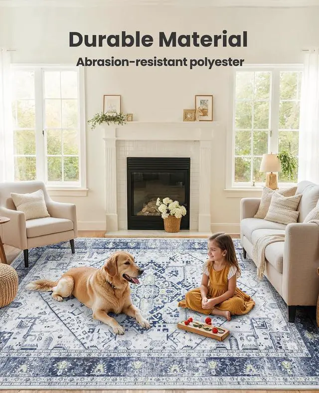 Alt view image 3 of 7 - AMADA HOMEFURNISHING Washable Area Rug, Low-Profile Large Area Rug with Non-Slip Backing & Durable Edge Binding, Vintage Large Rugs for Living Room, Bedroom, Dinning Room, 8x10, Navy Blue/White